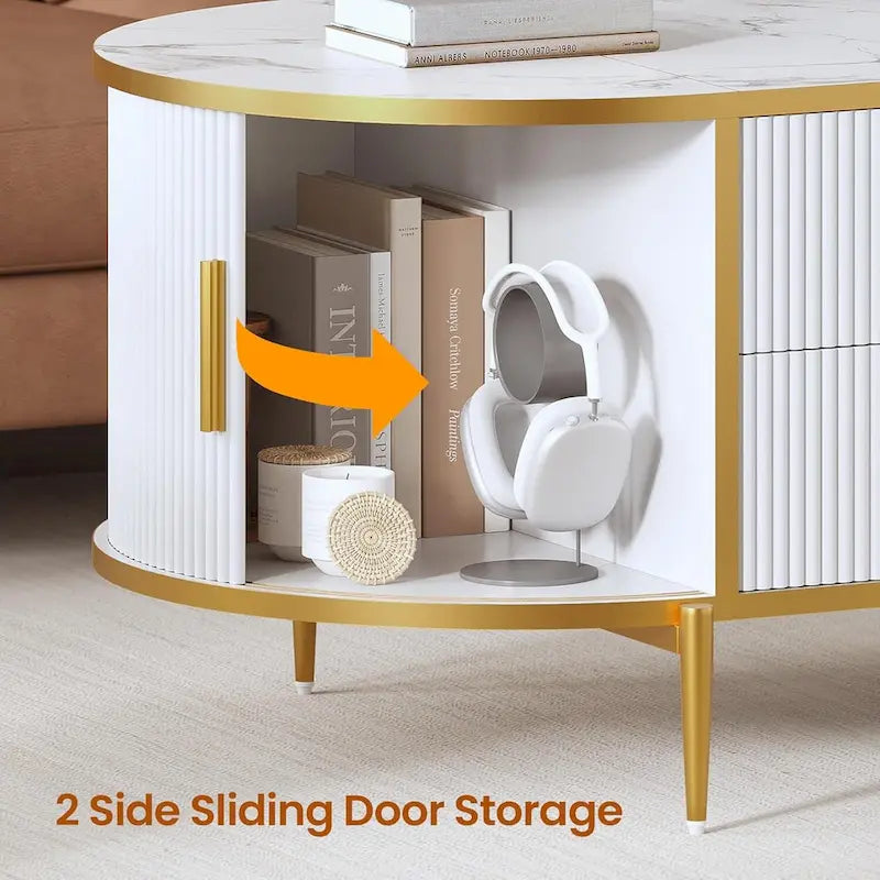 Mesa de centro elevable acanalada con puerta corredera tipo granero, roble / azul / blanco, para 1
