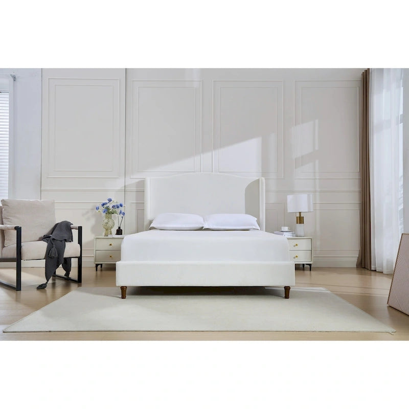 Cama King tapizada en chenilla blanca crema con cabecero tipo ala y respaldo curvado, para 2