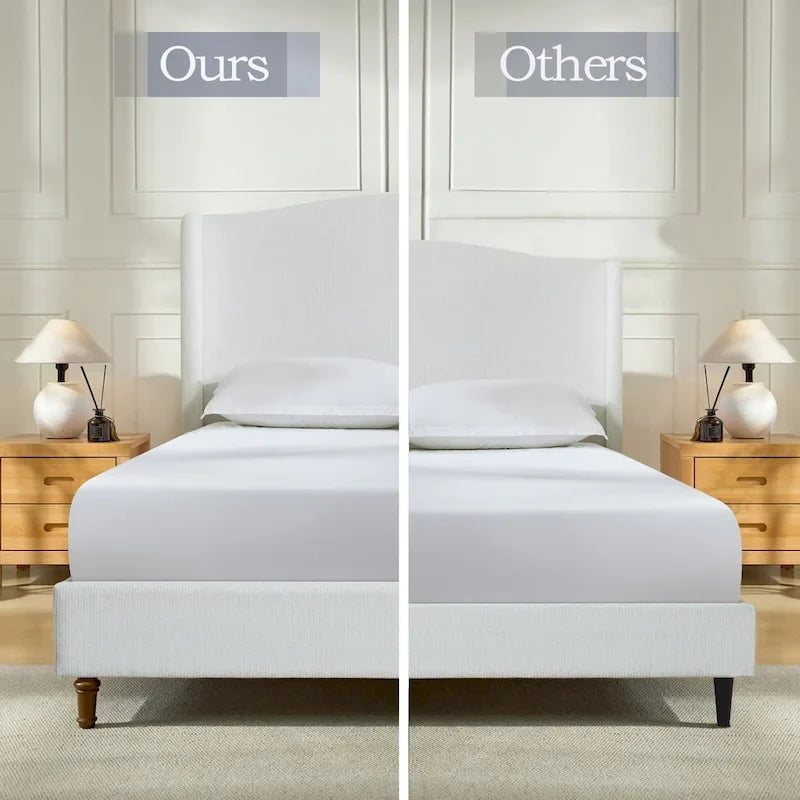 Cama King tapizada en chenilla blanca crema con cabecero tipo ala y respaldo curvado, para 2