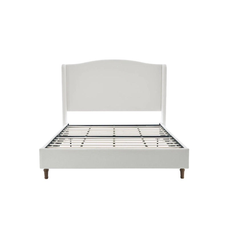 Cama King tapizada en chenilla blanca crema con cabecero tipo ala y respaldo curvado, para 2