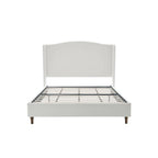 Cama King tapizada en chenilla blanca crema con cabecero tipo ala y respaldo curvado, para 2