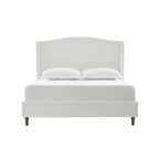 Cama King tapizada en chenilla blanca crema con cabecero tipo ala y respaldo curvado, para 2