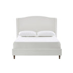 Cama King tapizada en chenilla blanca crema con cabecero tipo ala y respaldo curvado, para 2