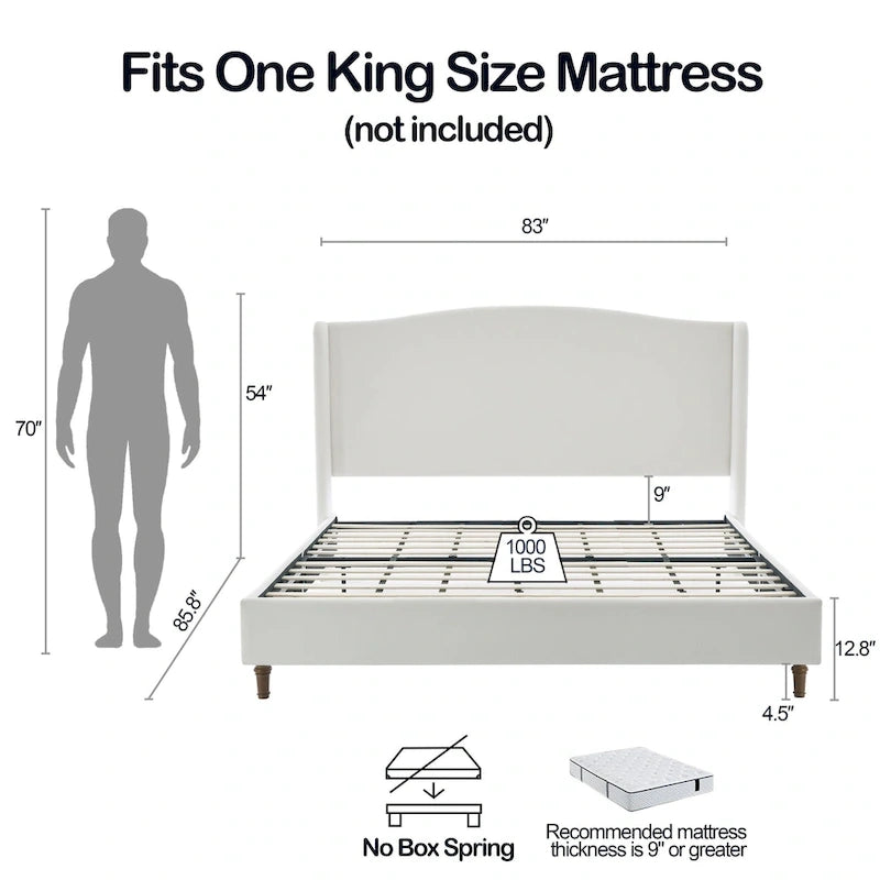 Cama King tapizada en chenilla blanca crema con cabecero tipo ala y respaldo curvado, para 2