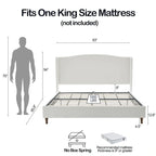 Cama King tapizada en chenilla blanca crema con cabecero tipo ala y respaldo curvado, para 2