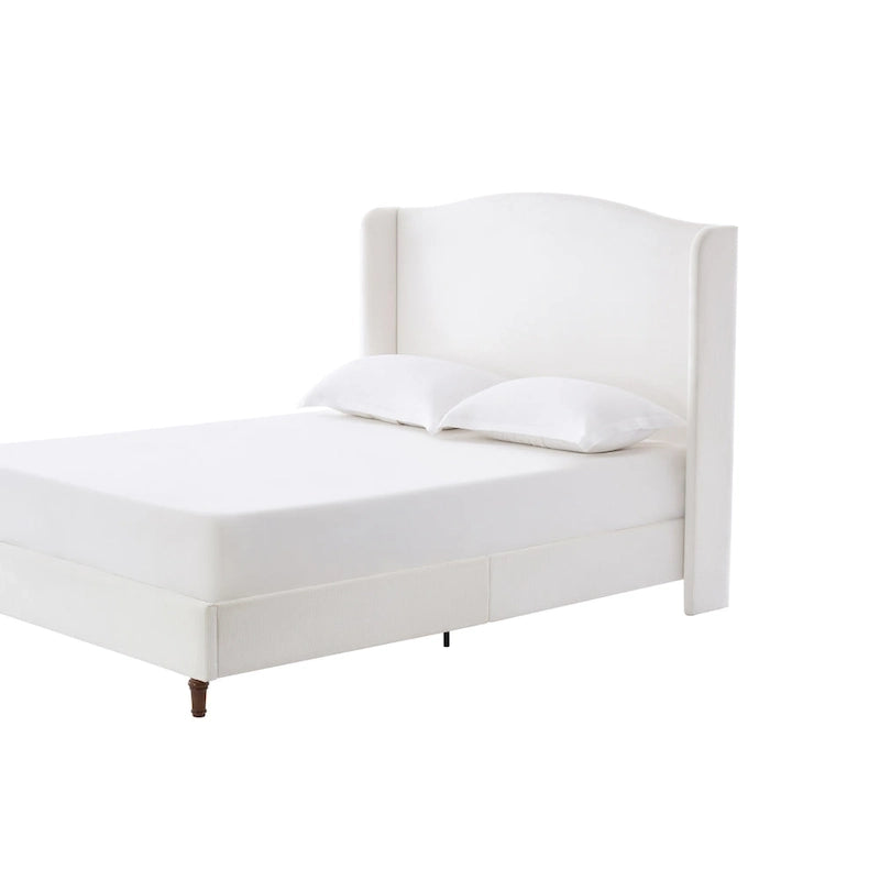 Cama King tapizada en chenilla blanca crema con cabecero tipo ala y respaldo curvado, para 2