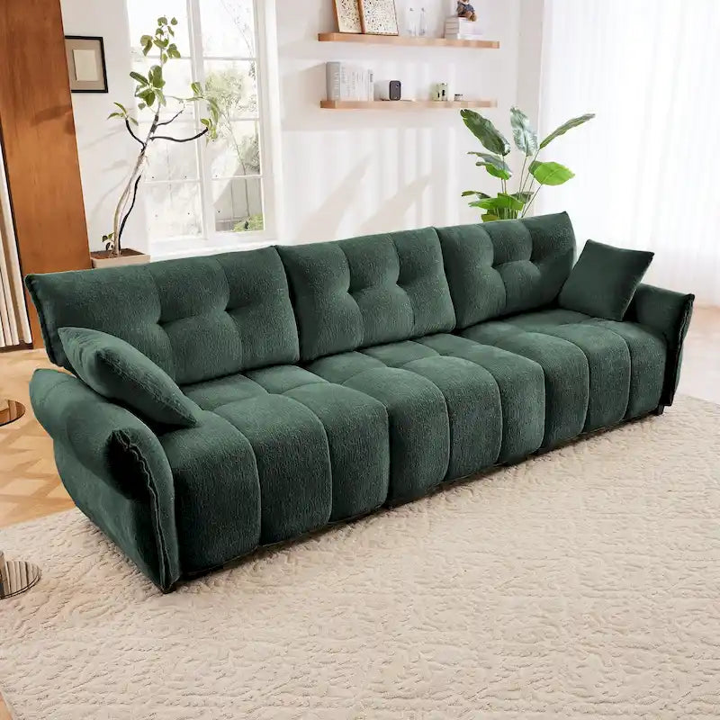 Sofá capitoné de chenilla con cojines, de 1 a 4 plazas (blanco / azul / verde / naranja quemado)