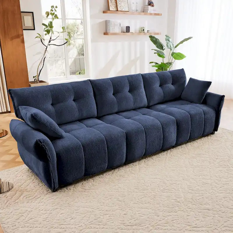 Sofá capitoné de chenilla con cojines, de 1 a 4 plazas (blanco / azul / verde / naranja quemado)