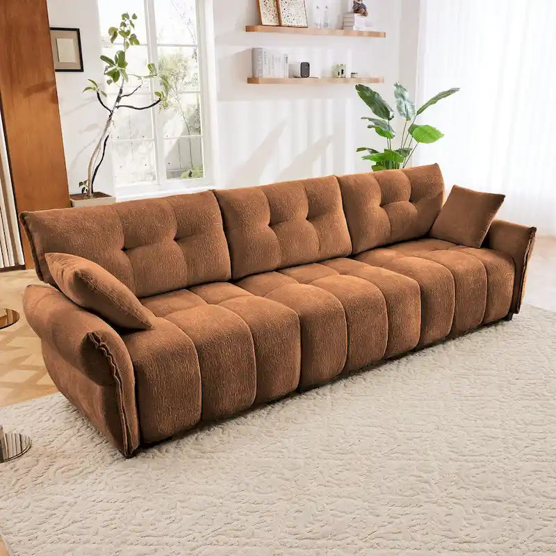 Sofá capitoné de chenilla con cojines, de 1 a 4 plazas (blanco / azul / verde / naranja quemado)