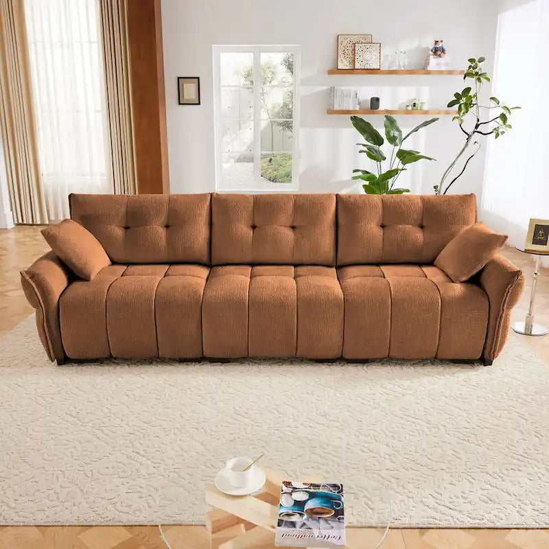 Sofá capitoné de chenilla con cojines, de 1 a 4 plazas (blanco / azul / verde / naranja quemado)