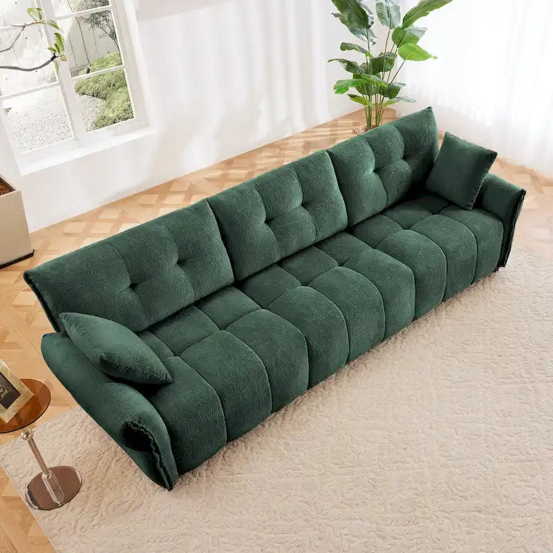 Sofá capitoné de chenilla con cojines, de 1 a 4 plazas (blanco / azul / verde / naranja quemado)