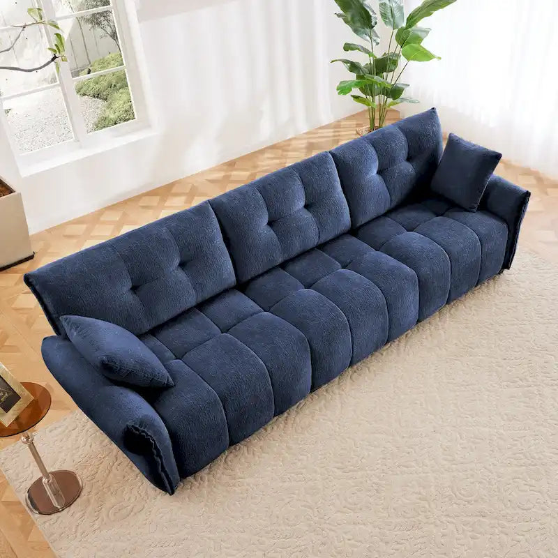 Sofá capitoné de chenilla con cojines, de 1 a 4 plazas (blanco / azul / verde / naranja quemado)