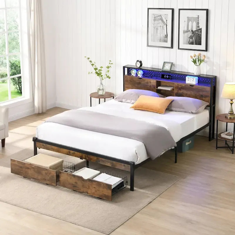 Cama Plataforma King Size Negra Marrón con Cabecero LED y Cajones de Almacenamiento, Capacidad para 2 personas