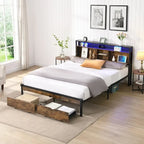 Cama Plataforma King Size Negra Marrón con Cabecero LED y Cajones de Almacenamiento, Capacidad para 2 personas