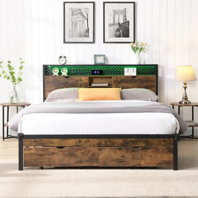 Cama Plataforma King Size Negra Marrón con Cabecero LED y Cajones de Almacenamiento, Capacidad para 2 personas