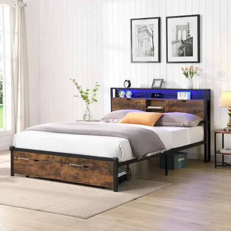 Cama Plataforma King Size Negra Marrón con Cabecero LED y Cajones de Almacenamiento, Capacidad para 2 personas