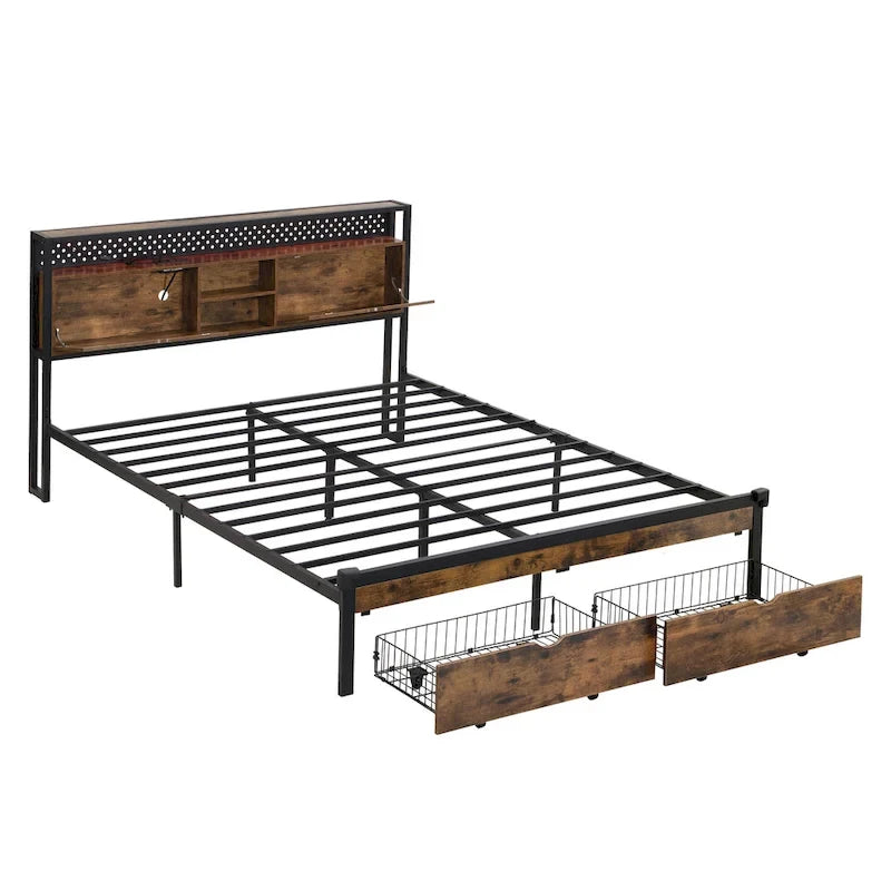 Cama Plataforma King Size Negra Marrón con Cabecero LED y Cajones de Almacenamiento, Capacidad para 2 personas
