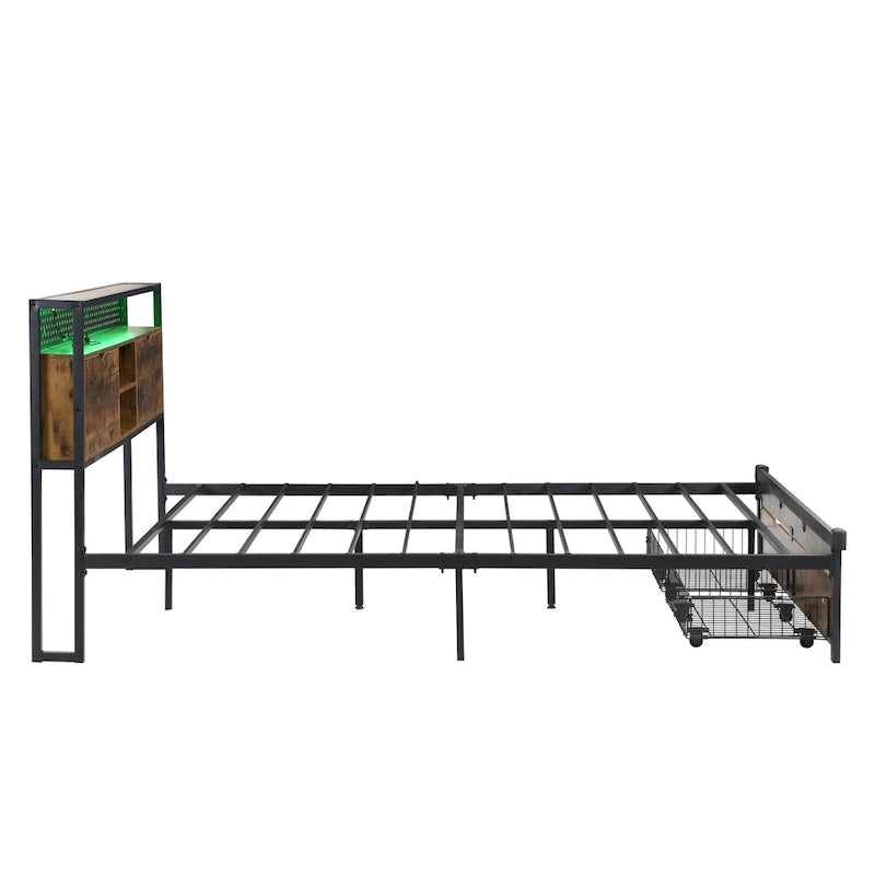 Cama Plataforma King Size Negra Marrón con Cabecero LED y Cajones de Almacenamiento, Capacidad para 2 personas