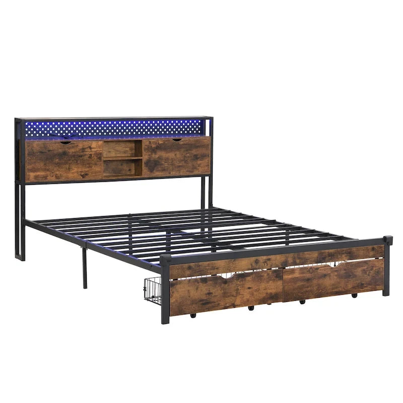 Cama Plataforma King Size Negra Marrón con Cabecero LED y Cajones de Almacenamiento, Capacidad para 2 personas