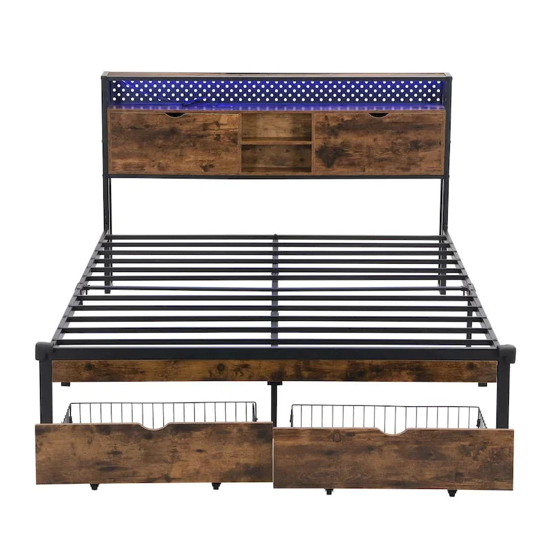 Cama Plataforma King Size Negra Marrón con Cabecero LED y Cajones de Almacenamiento, Capacidad para 2 personas
