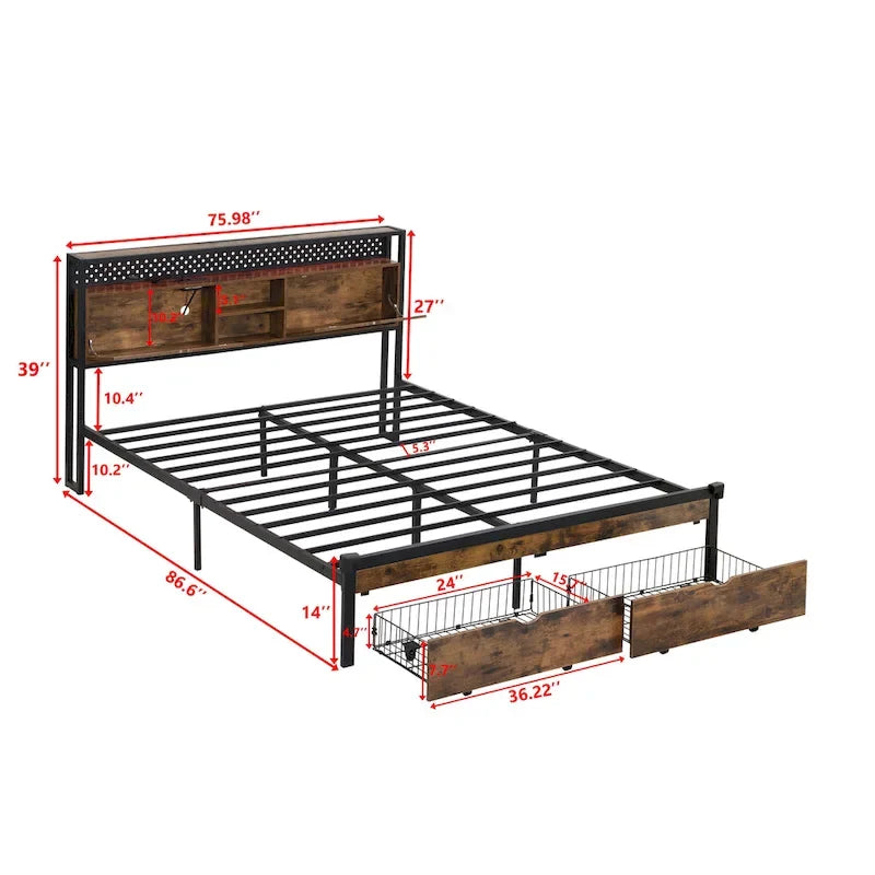 Cama Plataforma King Size Negra Marrón con Cabecero LED y Cajones de Almacenamiento, Capacidad para 2 personas