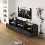 Mueble de TV Moderno Minimalista Negro, 3 Cajones y Estantes Abiertos, Para TV de hasta 80"
