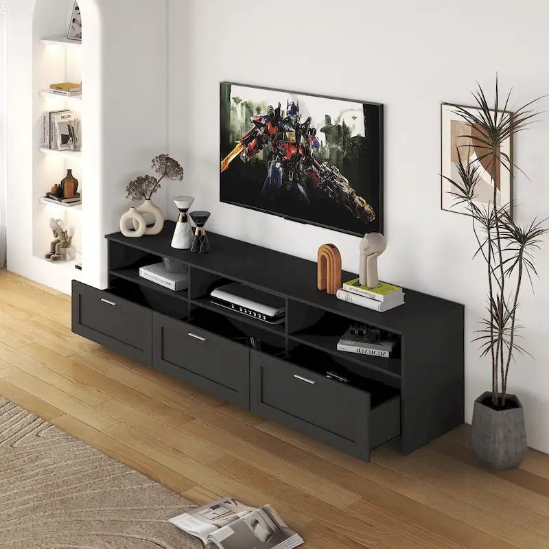 Mueble de TV Moderno Minimalista Negro, 3 Cajones y Estantes Abiertos, Para TV de hasta 80"