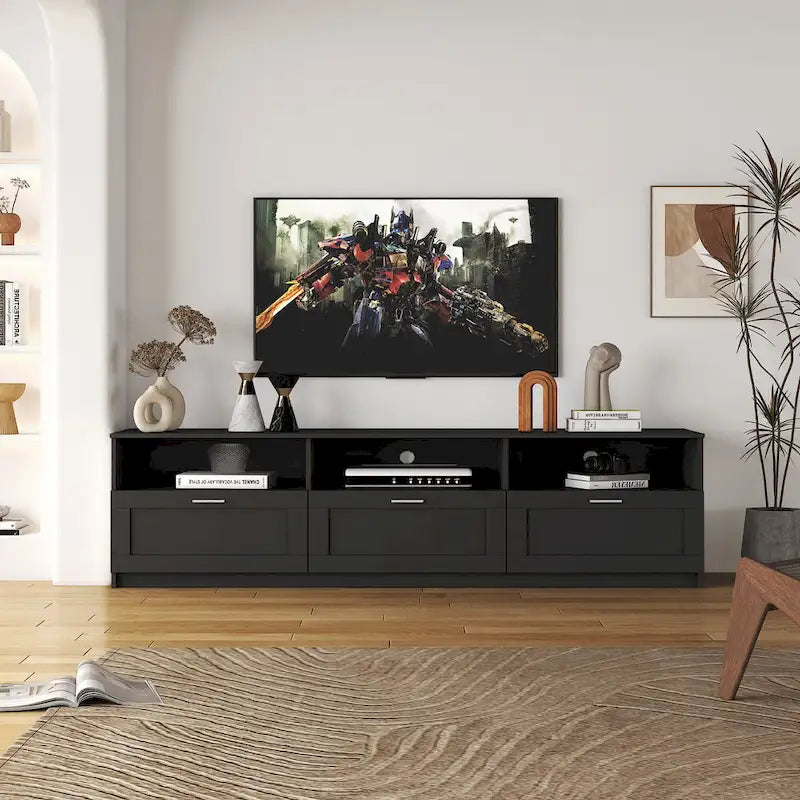 Mueble de TV Moderno Minimalista Negro, 3 Cajones y Estantes Abiertos, Para TV de hasta 80"