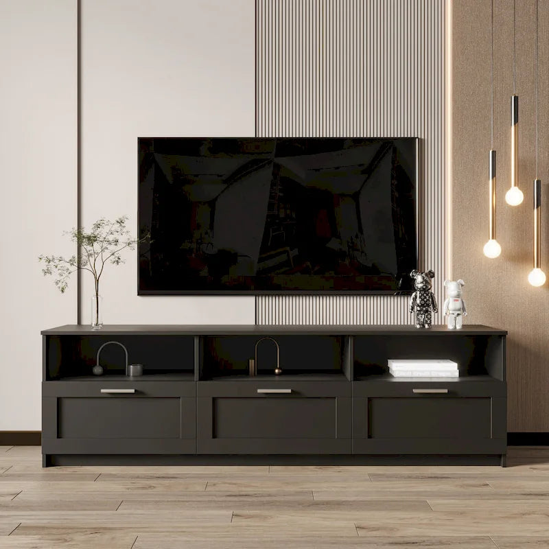 Mueble de TV Moderno Minimalista Negro, 3 Cajones y Estantes Abiertos, Para TV de hasta 80"