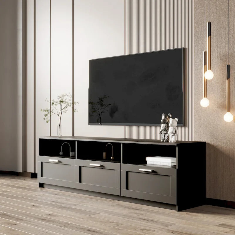 Mueble de TV Moderno Minimalista Negro, 3 Cajones y Estantes Abiertos, Para TV de hasta 80"