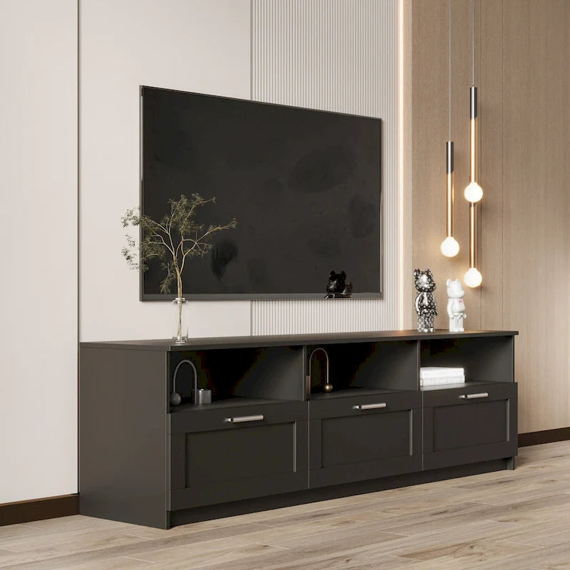 Mueble de TV Moderno Minimalista Negro, 3 Cajones y Estantes Abiertos, Para TV de hasta 80"