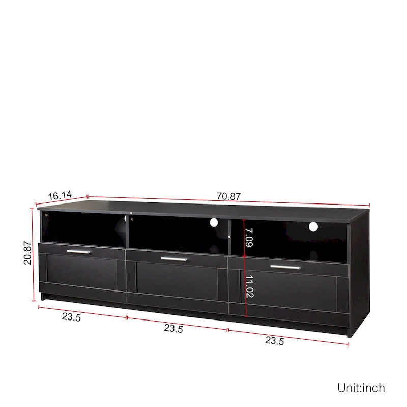 Mueble de TV Moderno Minimalista Negro, 3 Cajones y Estantes Abiertos, Para TV de hasta 80"