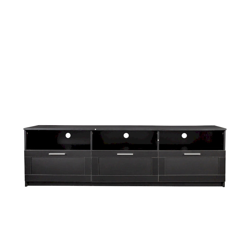 Mueble de TV Moderno Minimalista Negro, 3 Cajones y Estantes Abiertos, Para TV de hasta 80"