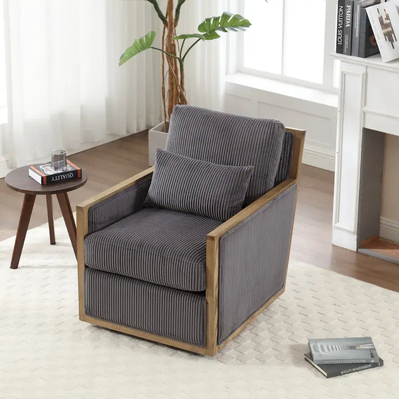 Sillón tapizado giratorio 360° en forma de barril, color beige/gris oscuro/camel, asiento individual