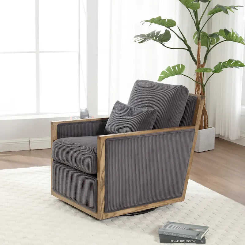 Sillón tapizado giratorio 360° en forma de barril, color beige/gris oscuro/camel, asiento individual