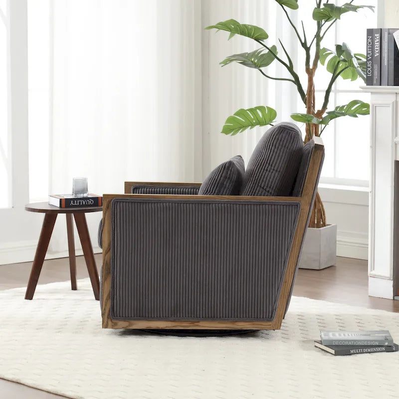 Sillón tapizado giratorio 360° en forma de barril, color beige/gris oscuro/camel, asiento individual