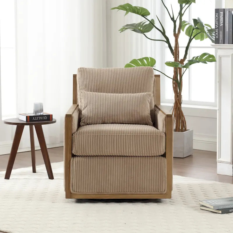 Sillón tapizado giratorio 360° en forma de barril, color beige/gris oscuro/camel, asiento individual