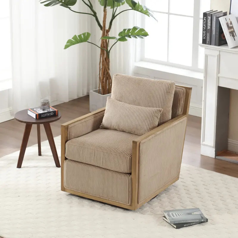 Sillón tapizado giratorio 360° en forma de barril, color beige/gris oscuro/camel, asiento individual