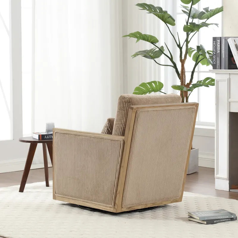 Sillón tapizado giratorio 360° en forma de barril, color beige/gris oscuro/camel, asiento individual