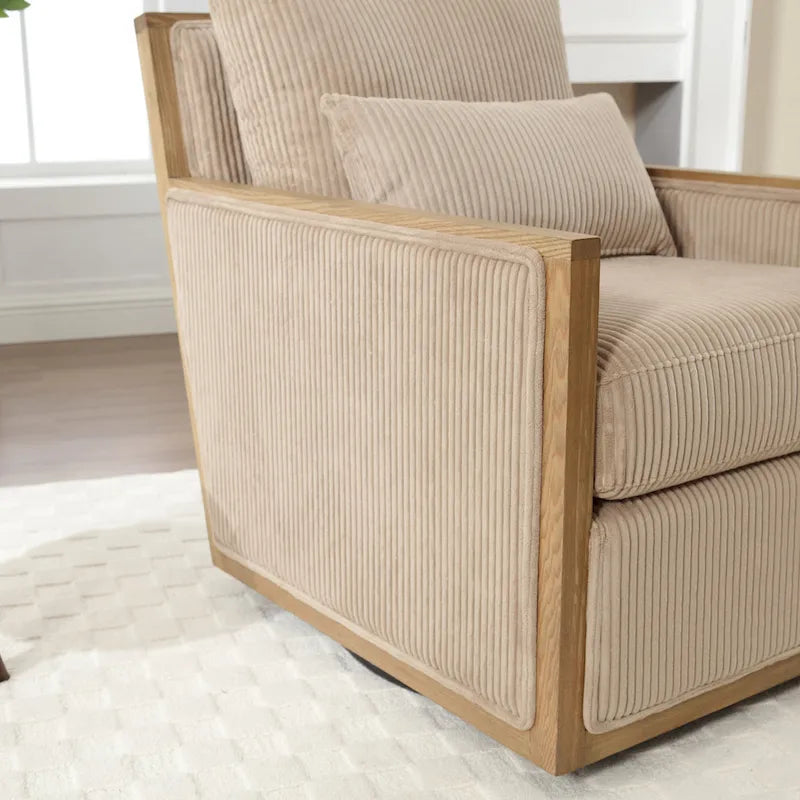 Sillón tapizado giratorio 360° en forma de barril, color beige/gris oscuro/camel, asiento individual
