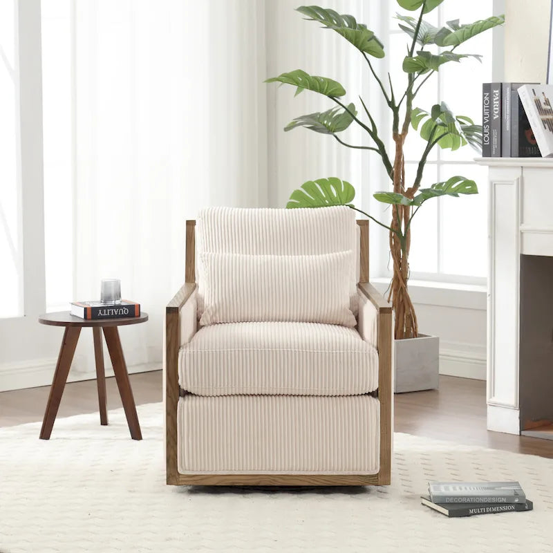 Sillón tapizado giratorio 360° en forma de barril, color beige/gris oscuro/camel, asiento individual