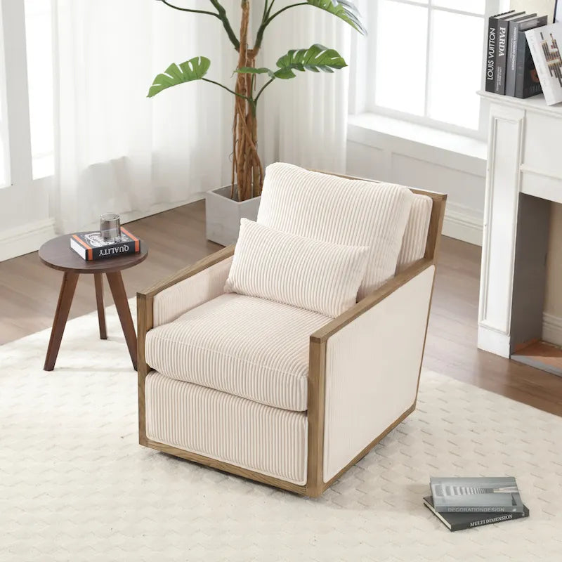 Sillón tapizado giratorio 360° en forma de barril, color beige/gris oscuro/camel, asiento individual