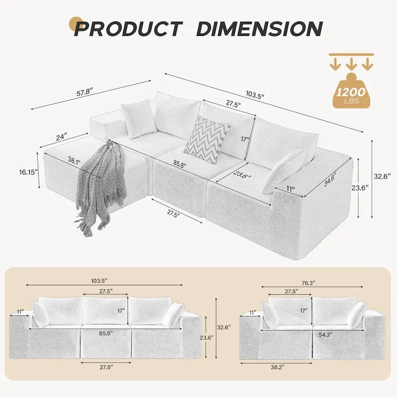 Sofá seccional modular en L, 4 plazas, blanco/negro
