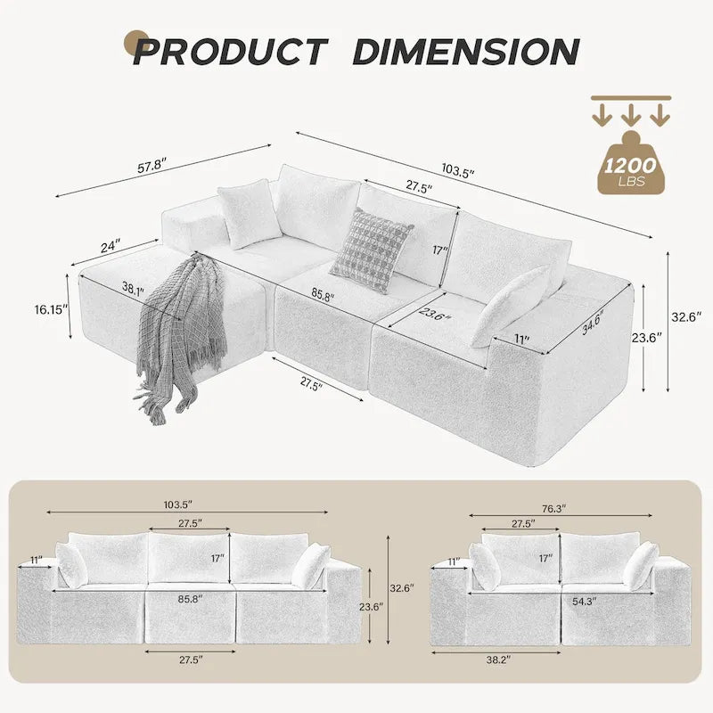 Sofá seccional modular en L, 4 plazas, blanco/negro