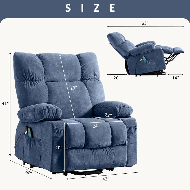 Sillón Reclinable Eléctrico con Calor y Masaje, Un Asiento, Azul / Marrón / Gris
