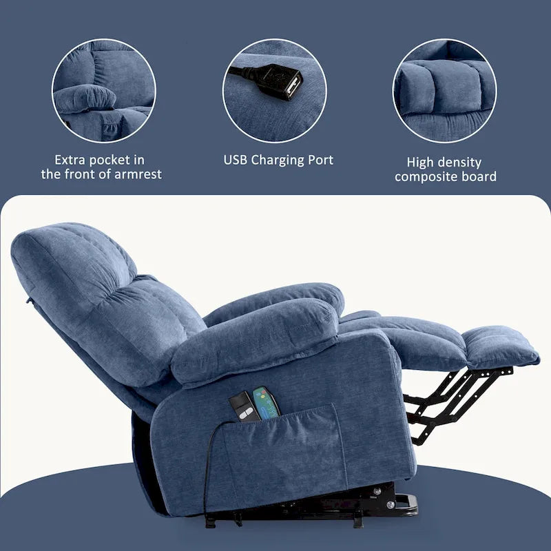 Sillón Reclinable Eléctrico con Calor y Masaje, Un Asiento, Azul / Marrón / Gris
