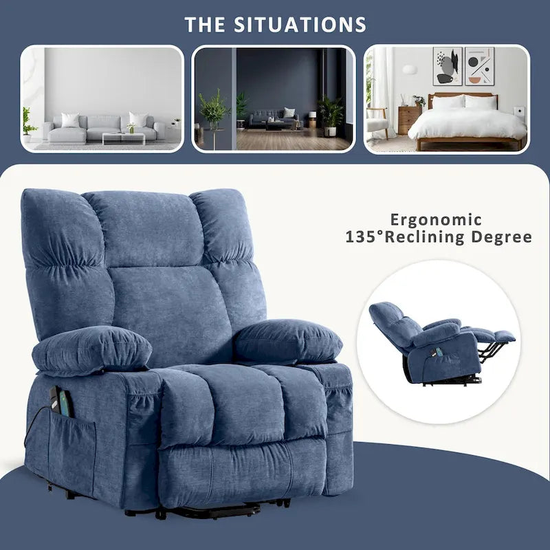 Sillón Reclinable Eléctrico con Calor y Masaje, Un Asiento, Azul / Marrón / Gris