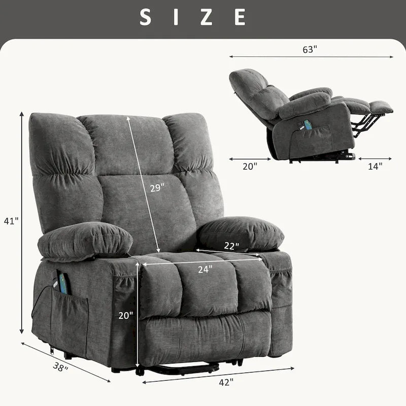 Sillón Reclinable Eléctrico con Calor y Masaje, Un Asiento, Azul / Marrón / Gris