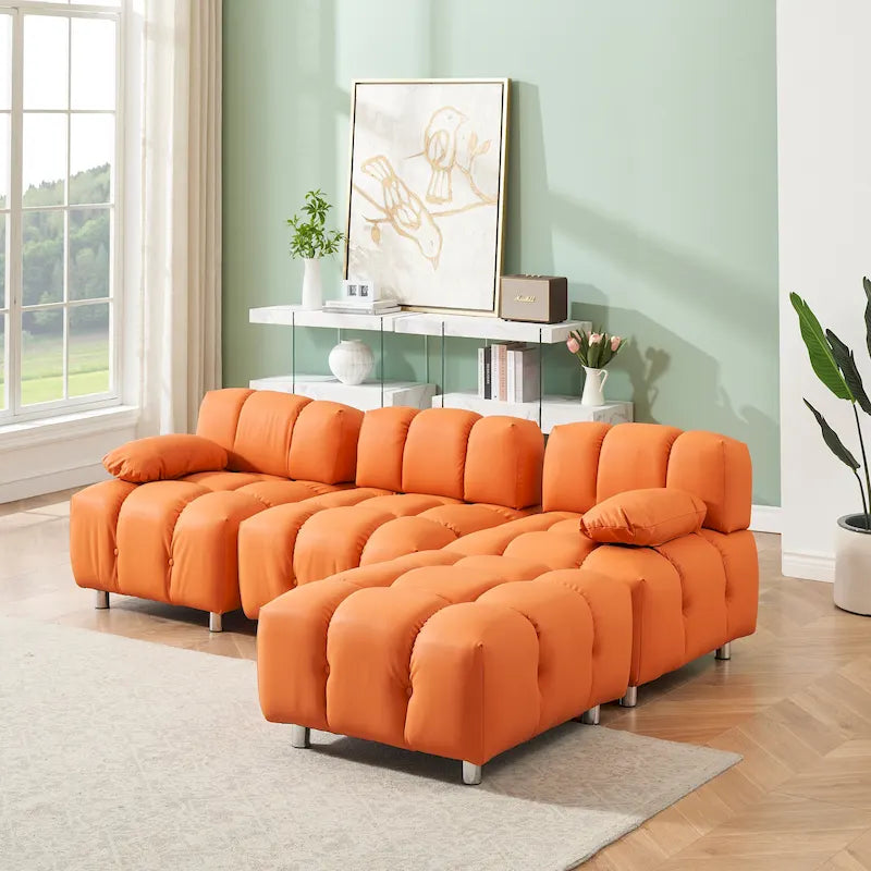 Sofá seccional plegable de 4 plazas con chaise longue, negro/naranja/blanco