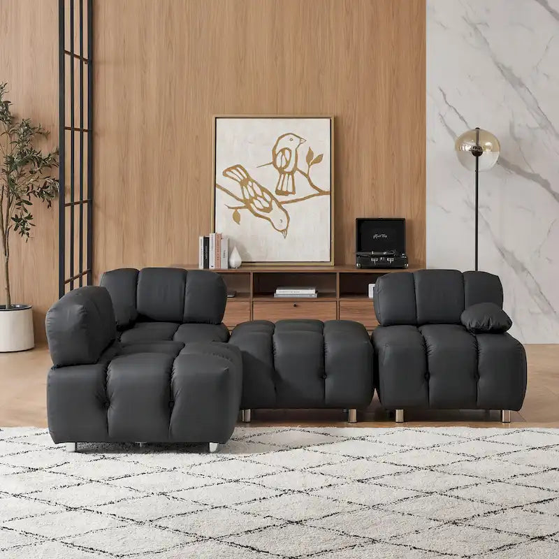 Sofá seccional plegable de 4 plazas con chaise longue, negro/naranja/blanco